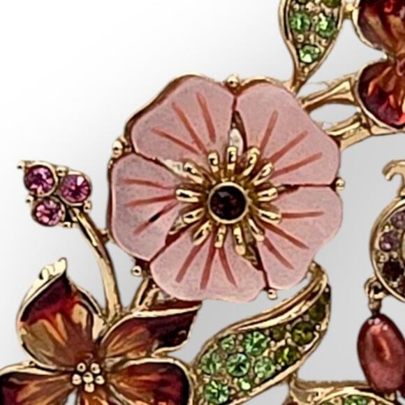 Floral & Mother-of-Pearl Style Brooch Pink Blossoms, Rhinestones & Dangle Pearls - Picture 4 of 9